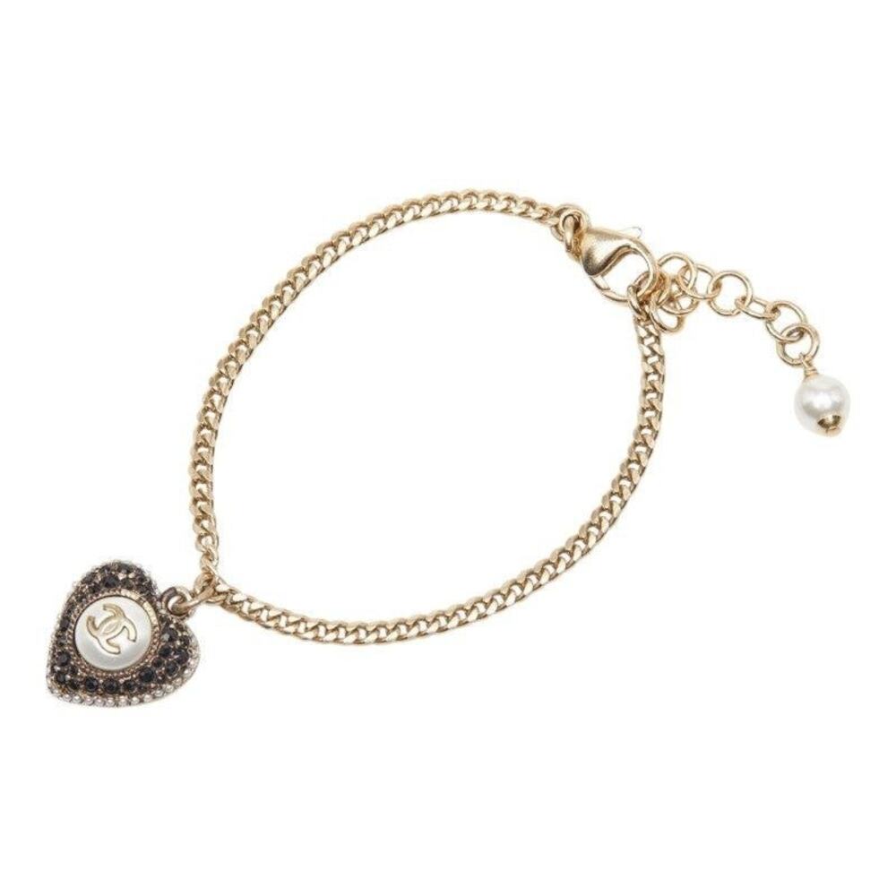 Chanel CC Logo Heart Motif Bracelet Gold Black Plated Faux Pearl Rhinestone